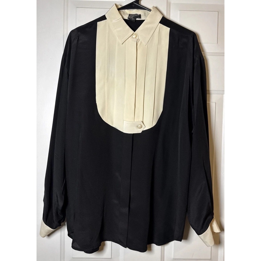 Vintage Episode 100% Silk Blouse L Black Ivory Tuxedo Bib Pearl Button Shirt